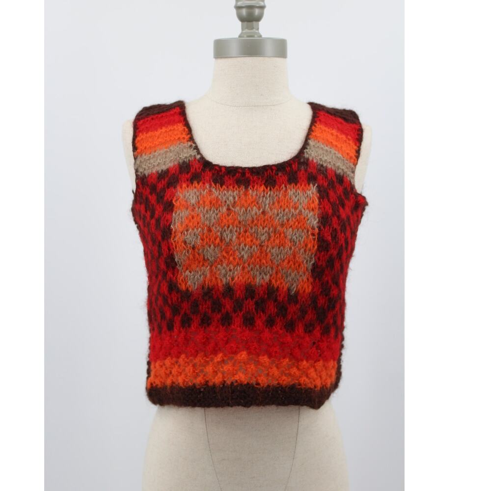 Vintage Maas Brothers Open Knit Vest Crochet medium Cropped 70's Orange Brown